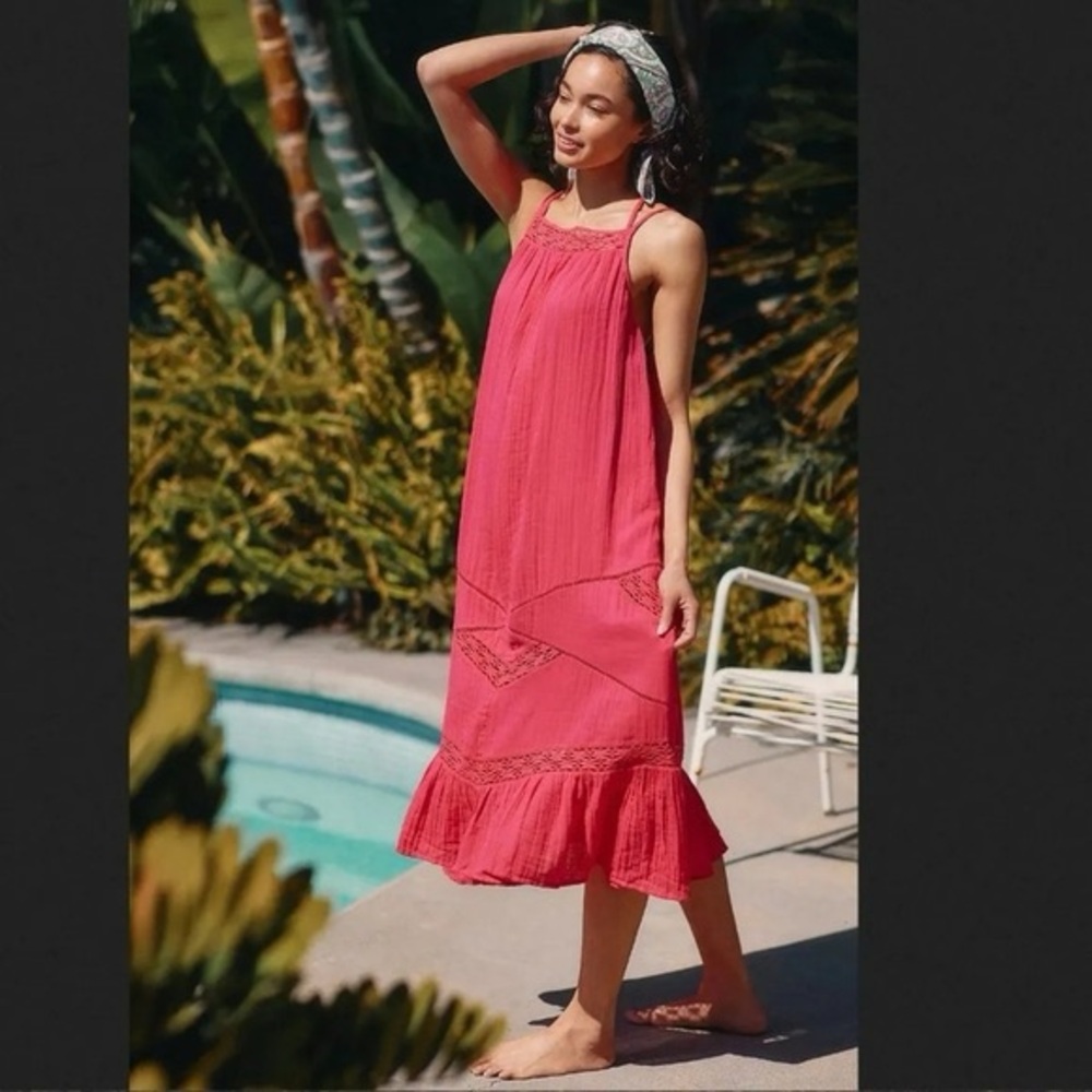 Anthropologie Crochet Trim Gauze Dress in Pink